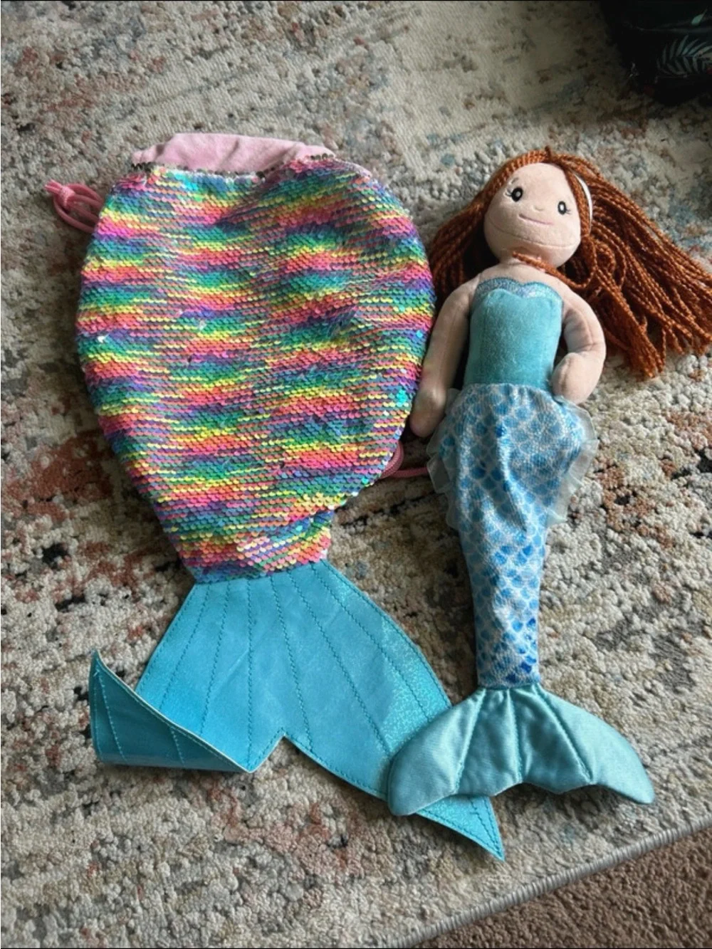 Kids Rainbow Sequin Mermaid Drawstring Backpack and doll included!
